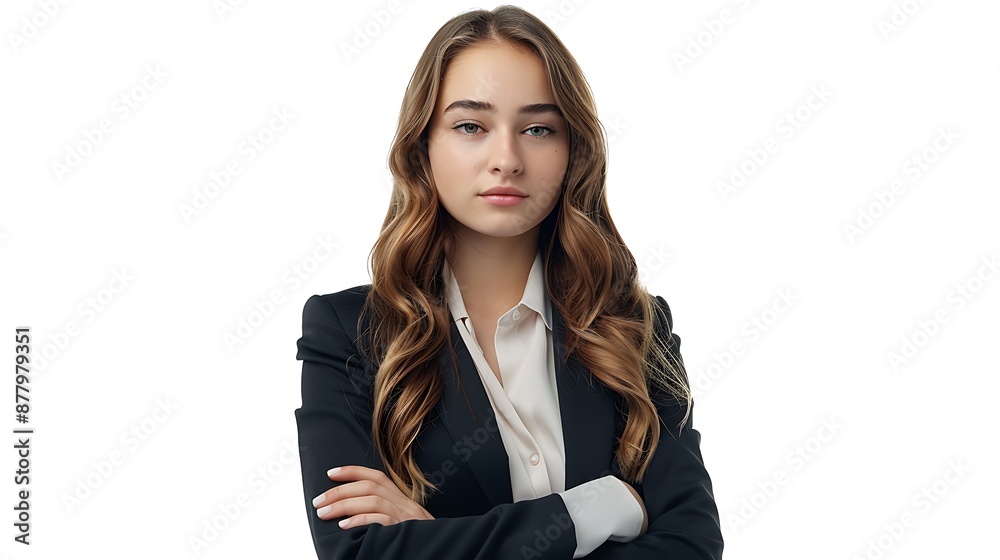Confident young businesswoman, arms crossed, dressed in formal wear, looking professional, isolated on white background Confident young businesswoman, arms crossed, dressed in formal wear, looking professional, isolated on white background