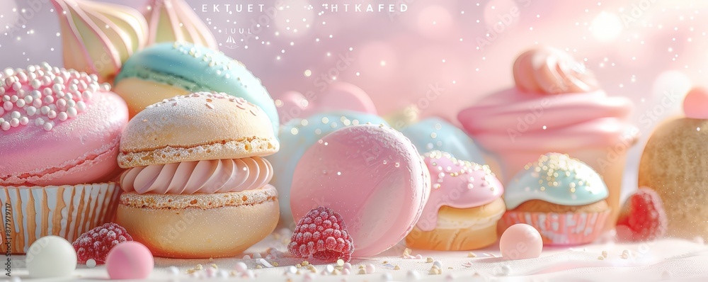 A whimsical arrangement of pastel-colored cakes and macarons. A whimsical arrangement of pastel-colored cakes and macarons.