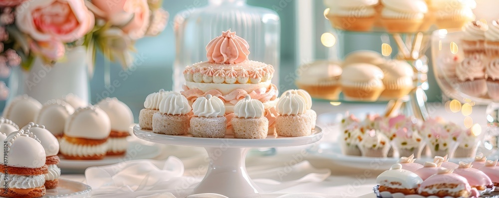 Elegant dessert table with cupcakes, cake and roses. Elegant dessert table with cupcakes, cake and roses.