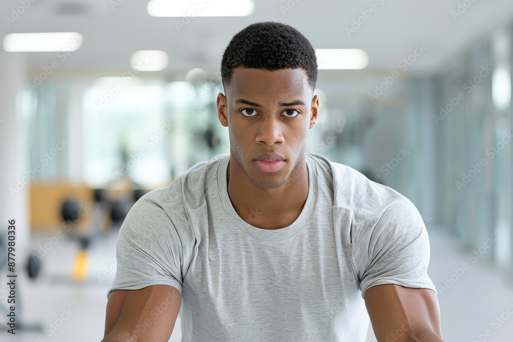 A man with a shaved head and a grey shirt is standing in a gym A man with a shaved head and a grey shirt is standing in a gym