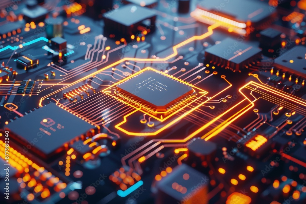 Obraz premium A close-up of a futuristic electronic circuit board, featuring intricate branches and components, illuminated with a blue glow, representing advanced technology and innovation