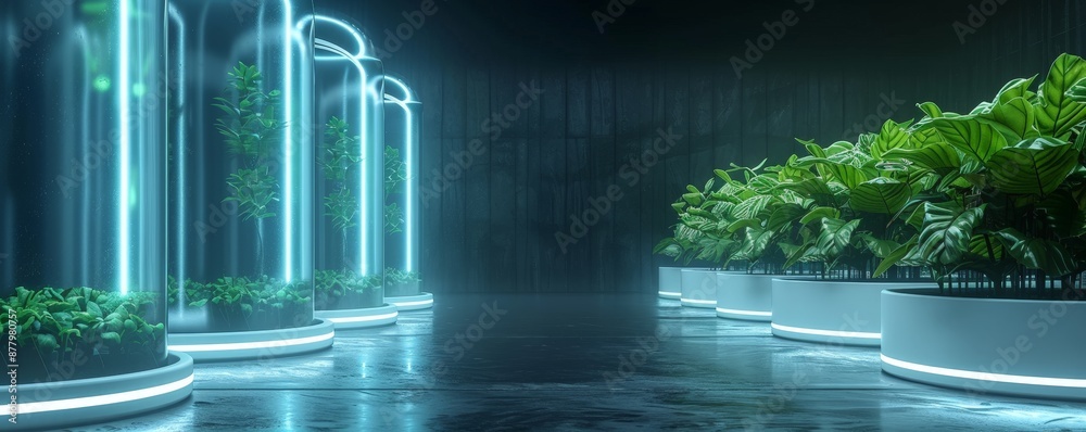 Obraz premium Neon lights illuminate a futuristic indoor garden with lush greenery.