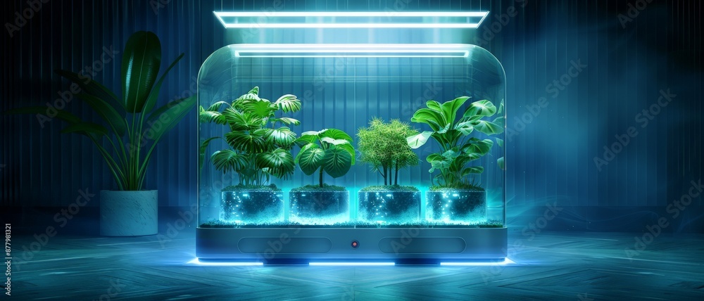 Fototapeta premium Plants growing in a futuristic glass dome under blue light.