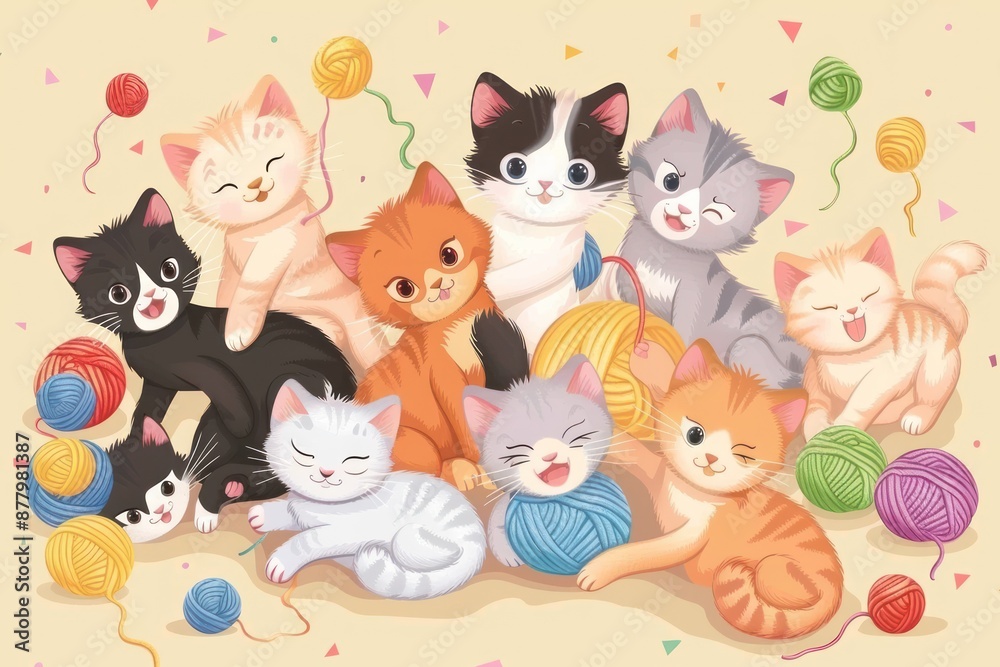 Naklejka premium Playful Kittens Surrounded by Yarn Balls