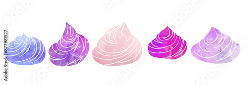 Vector set of watercolor silhouette cartoon meringues and creams isolated from background. Collection of violet paint zephyrs. Whipped yogurt cliparts for recipes, stickers