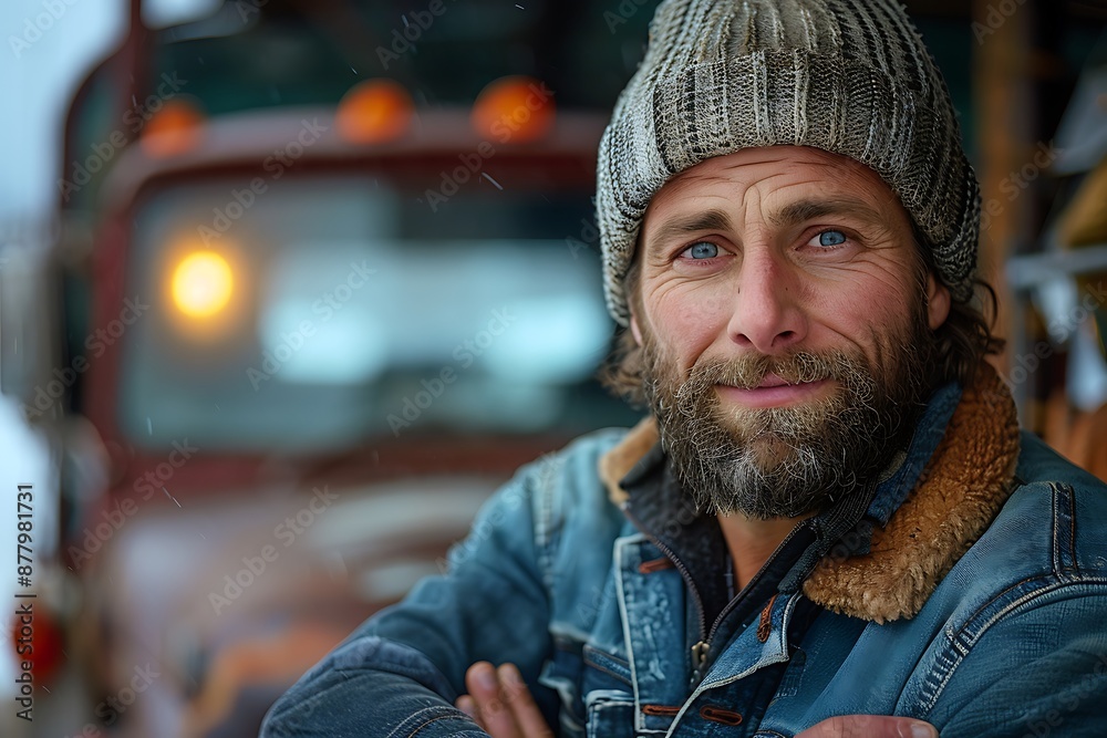 Young male truck driver standing in front of his truck, arms crossed, smiling at the camera, bearded man, wearing a hat Young male truck driver standing in front of his truck, arms crossed, smiling at the camera, bearded man, wearing a hat