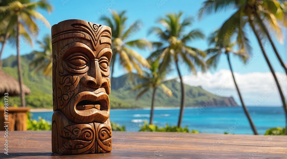 Polynesian culture, isolated wooden carved tiki statue, Hawaii background, banner with copy space text, template