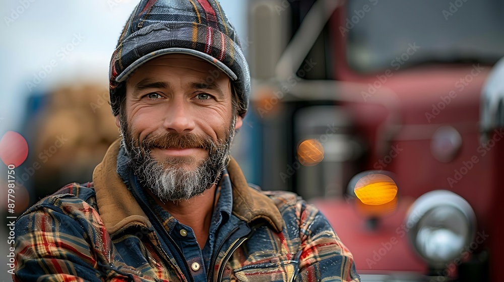 Young male truck driver standing in front of his truck, arms crossed, smiling at the camera, bearded man, wearing a hat Young male truck driver standing in front of his truck, arms crossed, smiling at the camera, bearded man, wearing a hat