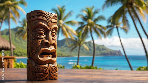 Obraz na płótnie Polynesian culture, isolated wooden carved tiki statue, Hawaii background, banner with copy space text, template w salonie