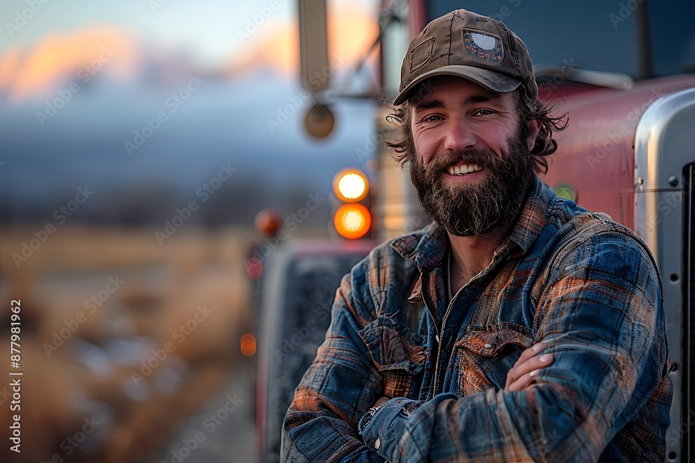 Young male truck driver standing in front of his truck, arms crossed, smiling at the camera, bearded man, wearing a hat Young male truck driver standing in front of his truck, arms crossed, smiling at the camera, bearded man, wearing a hat
