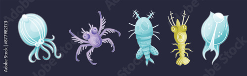 Plankton Diverse Water Organism Free Floating on Dark Background Vector Set