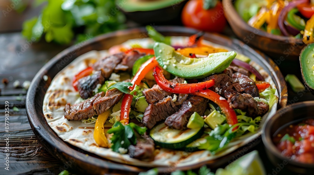 A close up view of a plate filled with beef fajita strips, zucchini slices, and bell pepper pieces A close up view of a plate filled with beef fajita strips, zucchini slices, and bell pepper pieces