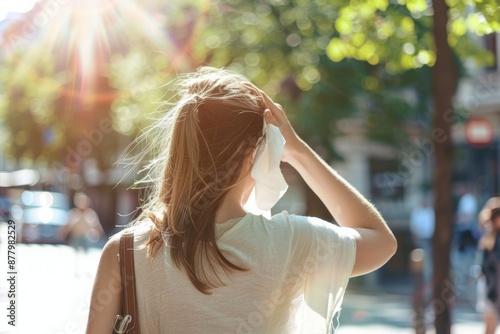 a woman walking in the city , a hand holding a tissue to wipe forehead, Generative AI
