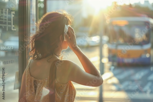 a woman walking in the city , a hand holding a tissue to wipe forehead, Generative AI