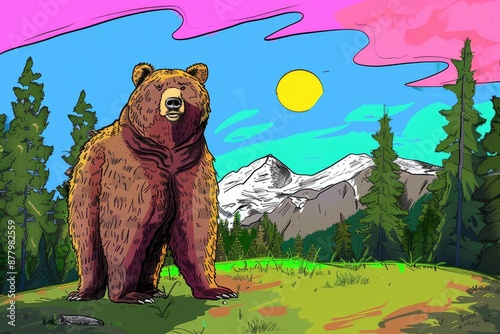 Majestic Grizzly Bear in Colorful Mountain Landscape photo