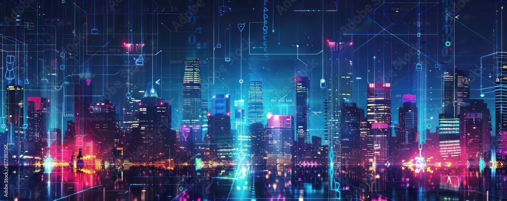 Fototapeta premium High-tech urban skyline blended with holographic data streams, illustrating the integration of city life and digital business processes.