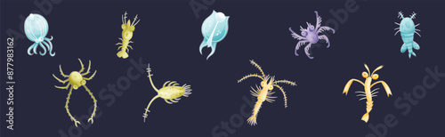 Plankton Diverse Water Organism Free Floating on Dark Background Vector Set