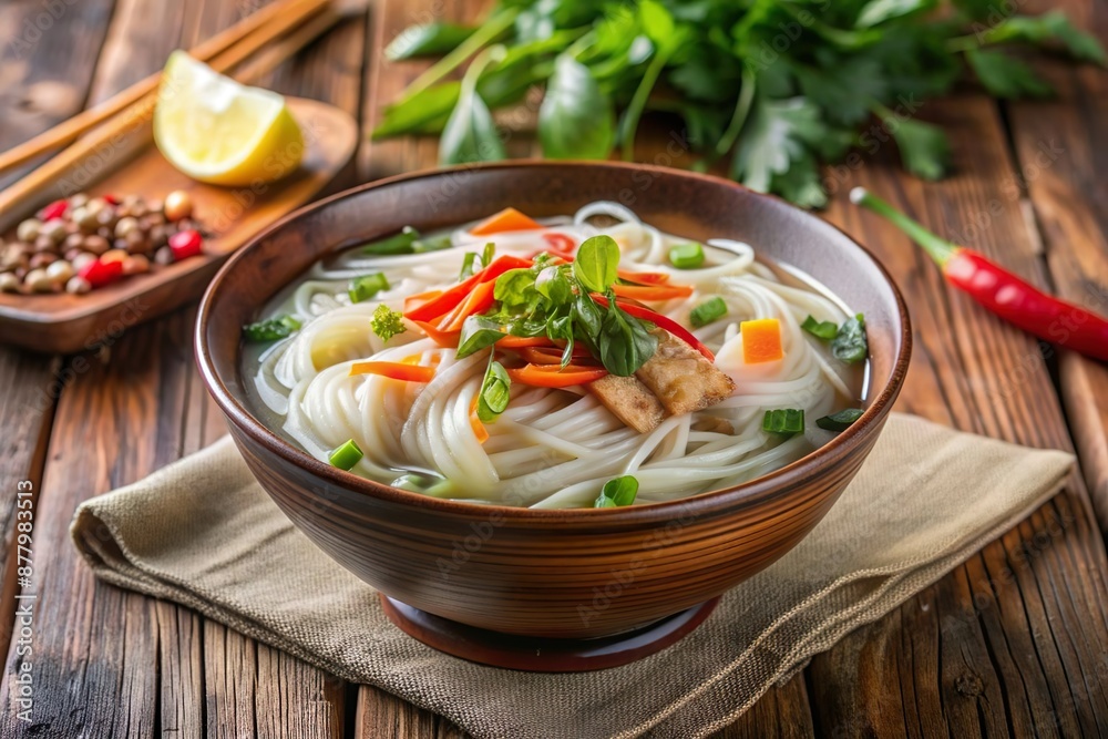 asian rice noodle soup in bowl on table asian rice noodle soup in bowl on table