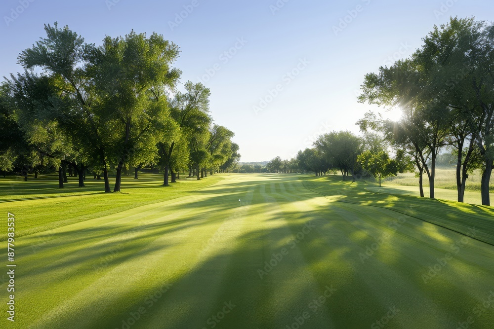 A golf course with a long grassy path and trees in the background A golf course with a long grassy path and trees in the background