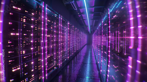 A modern data center with rows of servers and glowing LED lights