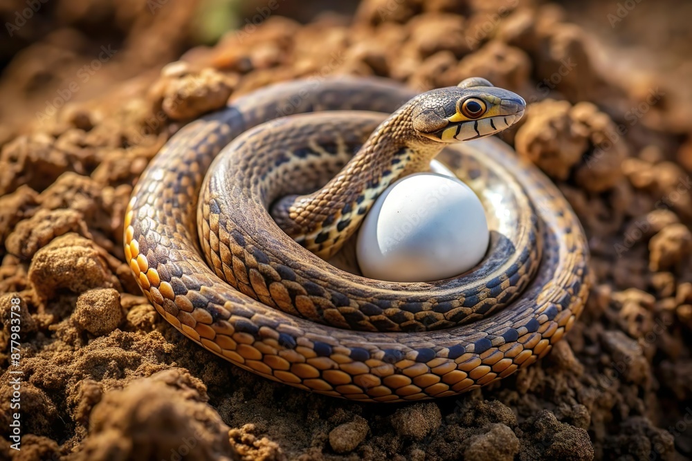snake coil around egg in nest on snake coil around egg in nest on