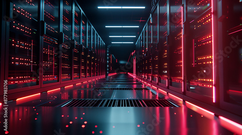 A modern data center with rows of servers and glowing LED lights