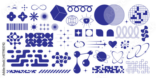Set of y2k brutalism geometric shapes in blue color. Retro futuristic abstract cliparts for poster, collage design. Stars, pixels, hearts, waves in trendy tech style. Vector graphic