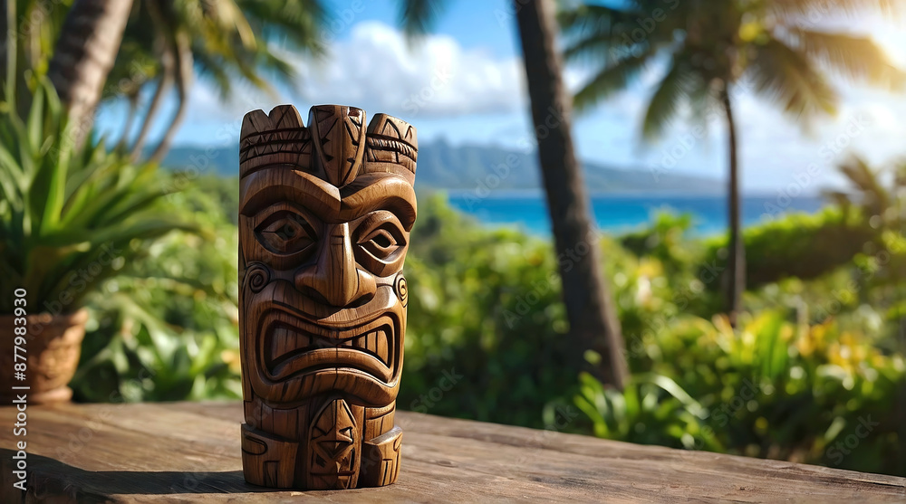 Polynesian culture, isolated wooden carved tiki statue, Hawaii background, banner with copy space text, template
