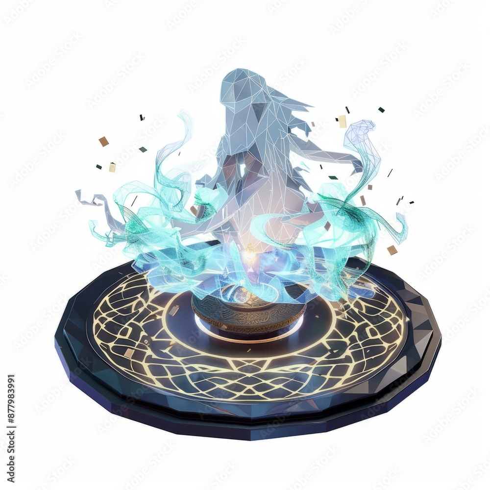 3D Render, Low Poly style of a summoning spell with swirling magic circle, on isolated white background, Generative AI