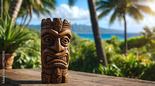 Obraz na płótnie Polynesian culture, isolated wooden carved tiki statue, Hawaii background, banner with copy space text, template w salonie
