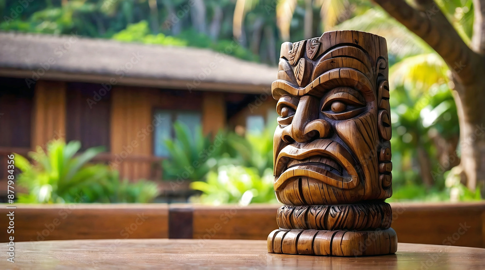 Polynesian culture, isolated wooden carved tiki statue, Hawaii background, banner with copy space text, template