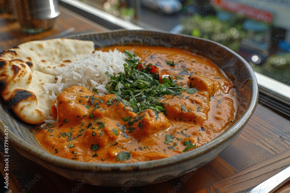 A plate of chicken tikka masala, with succulent pieces of chicken in a creamy tomato sauce, served with basmati rice and naan bread. A plate of chicken tikka masala, with succulent pieces of chicken in a creamy tomato sauce, served with basmati rice and naan bread.