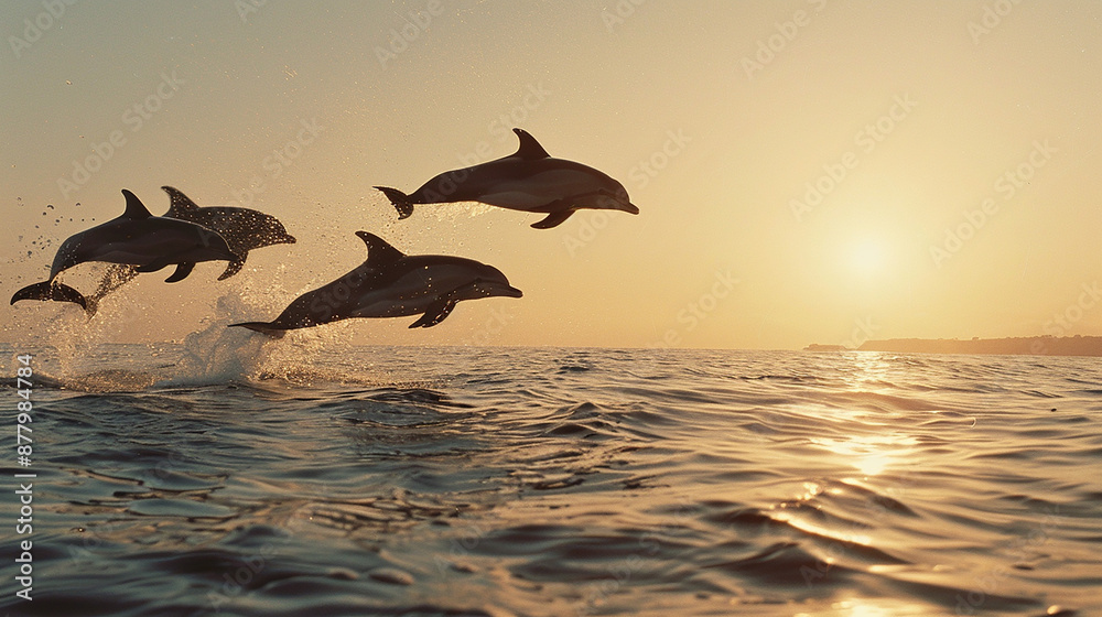 Fototapeta premium A pod of dolphins silhouetted against a clear sky at dusk, captured mid-leap