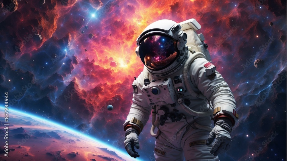 An astronaut in a spacesuit with a red and blue reflection on the helmet visor is standing on a planet with a red atmosphere and a starry sky in the background. AI. An astronaut in a spacesuit with a red and blue reflection on the helmet visor is standing on a planet with a red atmosphere and a starry sky in the background. AI.