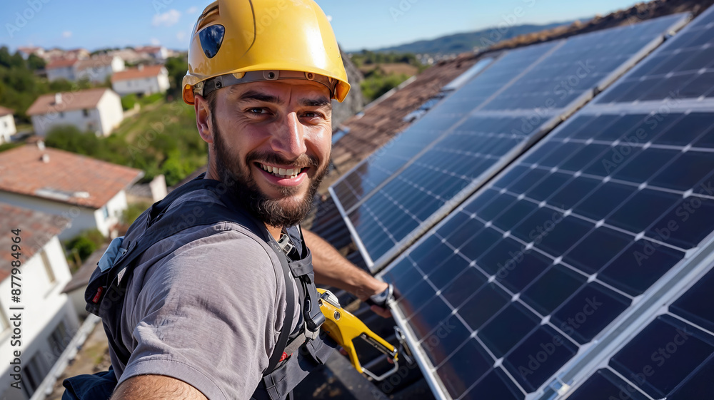 un ouvrier installe des panneaux solaire sur le toit d'une maison un ouvrier installe des panneaux solaire sur le toit d'une maison