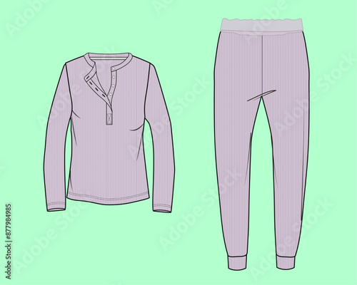 ladies nightwear long sleeve henley collar rib fabric t-shirt and lace details cuff jogger loungewear fashion illustration flat sketch vector. 