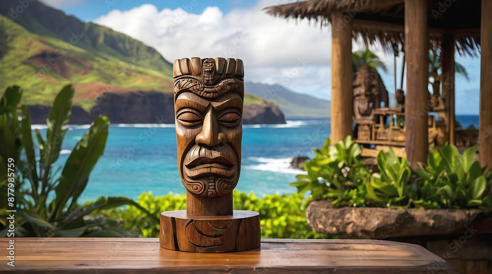 Polynesian culture, isolated wooden carved tiki statue, Hawaii background, banner with copy space text, template