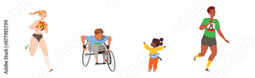 People Character Participating in Marathon Running in Sportswear with Numbers Vector Illustration Set