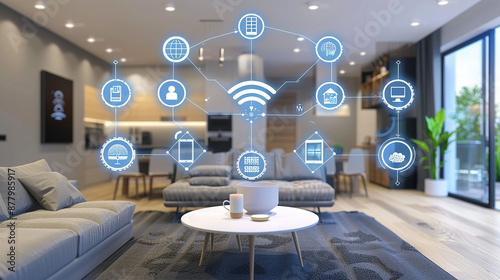 A smart home setup with connected devices and a central control hub
