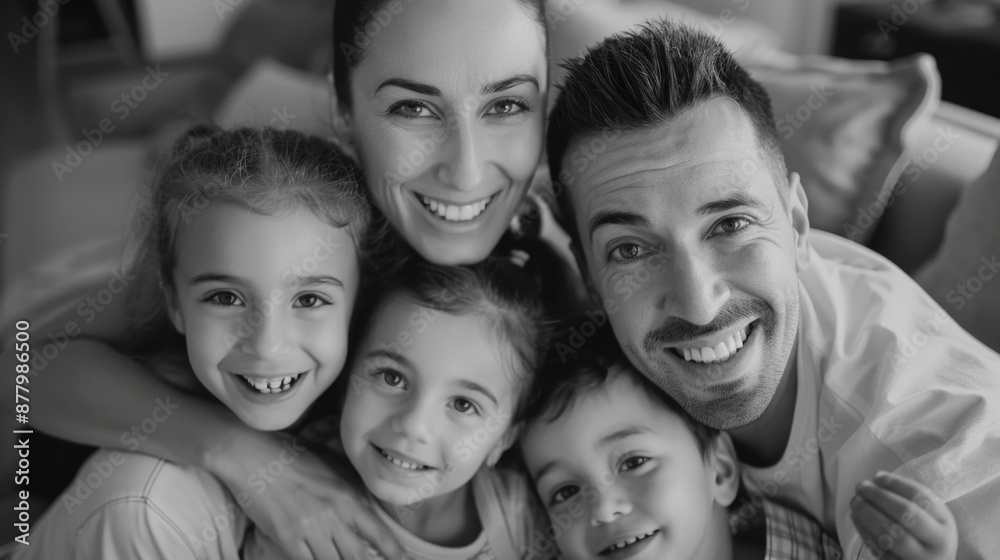 A family poses for a photograph in black and white A family poses for a photograph in black and white