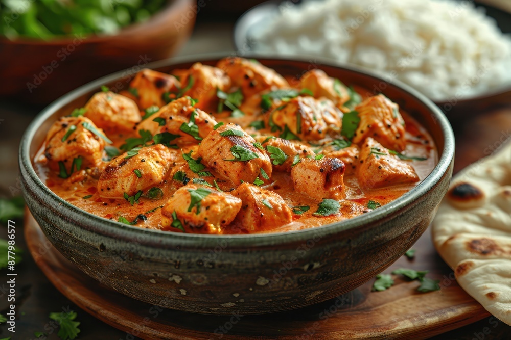 A plate of chicken tikka masala, with succulent pieces of chicken in a creamy tomato sauce, served with basmati rice and naan bread. A plate of chicken tikka masala, with succulent pieces of chicken in a creamy tomato sauce, served with basmati rice and naan bread.