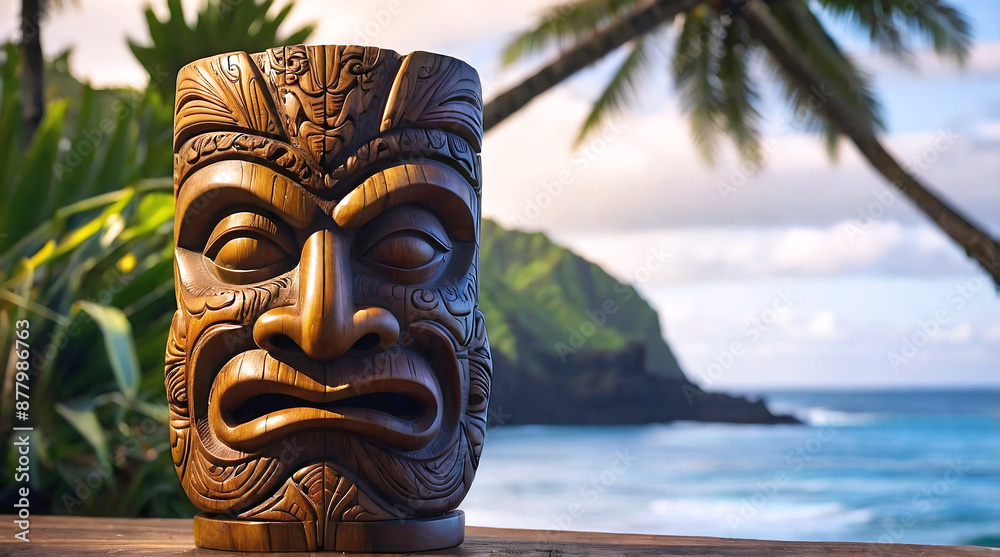 Polynesian culture, isolated wooden carved tiki statue, Hawaii background, banner with copy space text, template