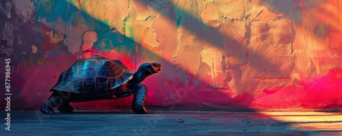 A tortoise walks on a vibrant, abstract background.