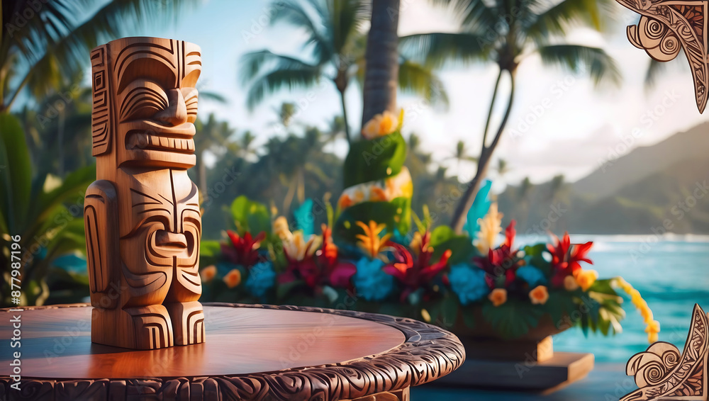 Polynesian culture, isolated wooden carved tiki statue, Hawaii background, banner with copy space text, template
