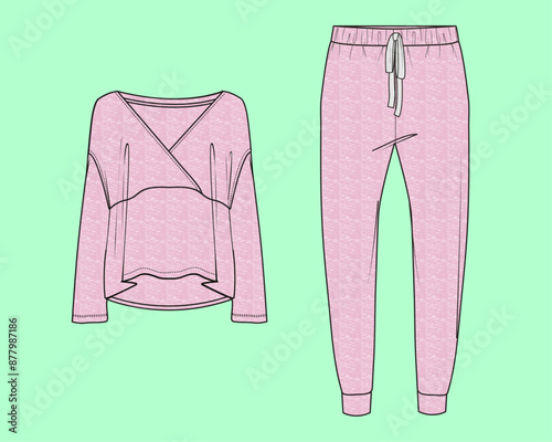 ladies nightwear long sleeve wrap tops and cuff jogger loungewear fashion illustration flat sketch vector. 