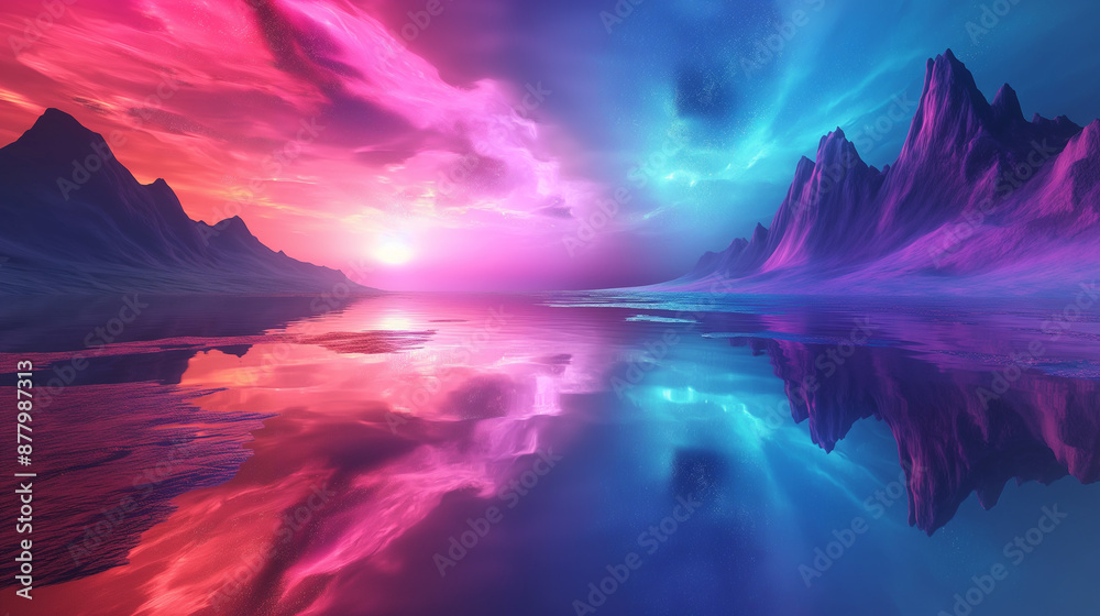 Fototapeta premium Abstract wallpaper showcasing a fantastical neon landscape with reflections, perfect as a vibrant futuristic background