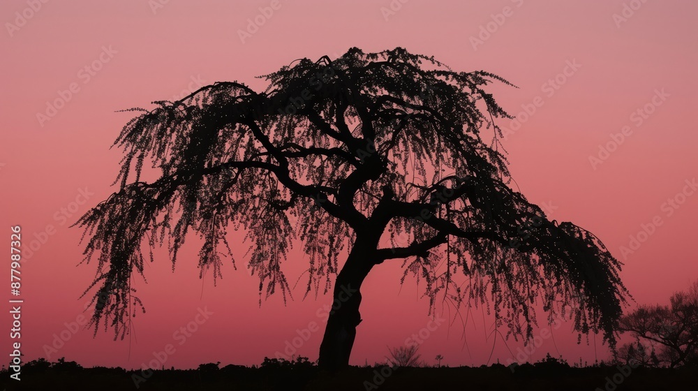 A silhouette of a weeping cherry tree against a fading pink sunset creates a tranquil, picturesque scene. A silhouette of a weeping cherry tree against a fading pink sunset creates a tranquil, picturesque scene.