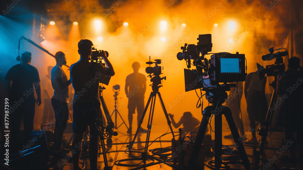 Fototapeta premium Commercial video film movie making lighting set professional studio production big working people silhouette scenes behind television camera motion picture equipment crew photo light