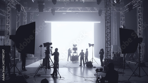 Commercial video film movie making lighting set professional studio production big working people silhouette scenes behind television camera motion picture equipment crew photo light