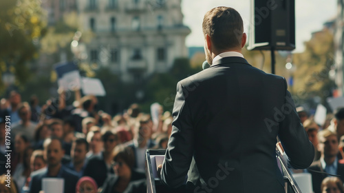 Man doing a speech outdoor in front of a crowd of members of a political party